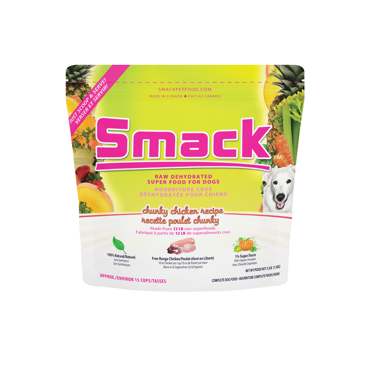 Smack raw dehydrated dog food package with colorful design on a white background