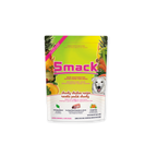 Smack dog food package with a colorful label featuring a dog and fruits on a white background
