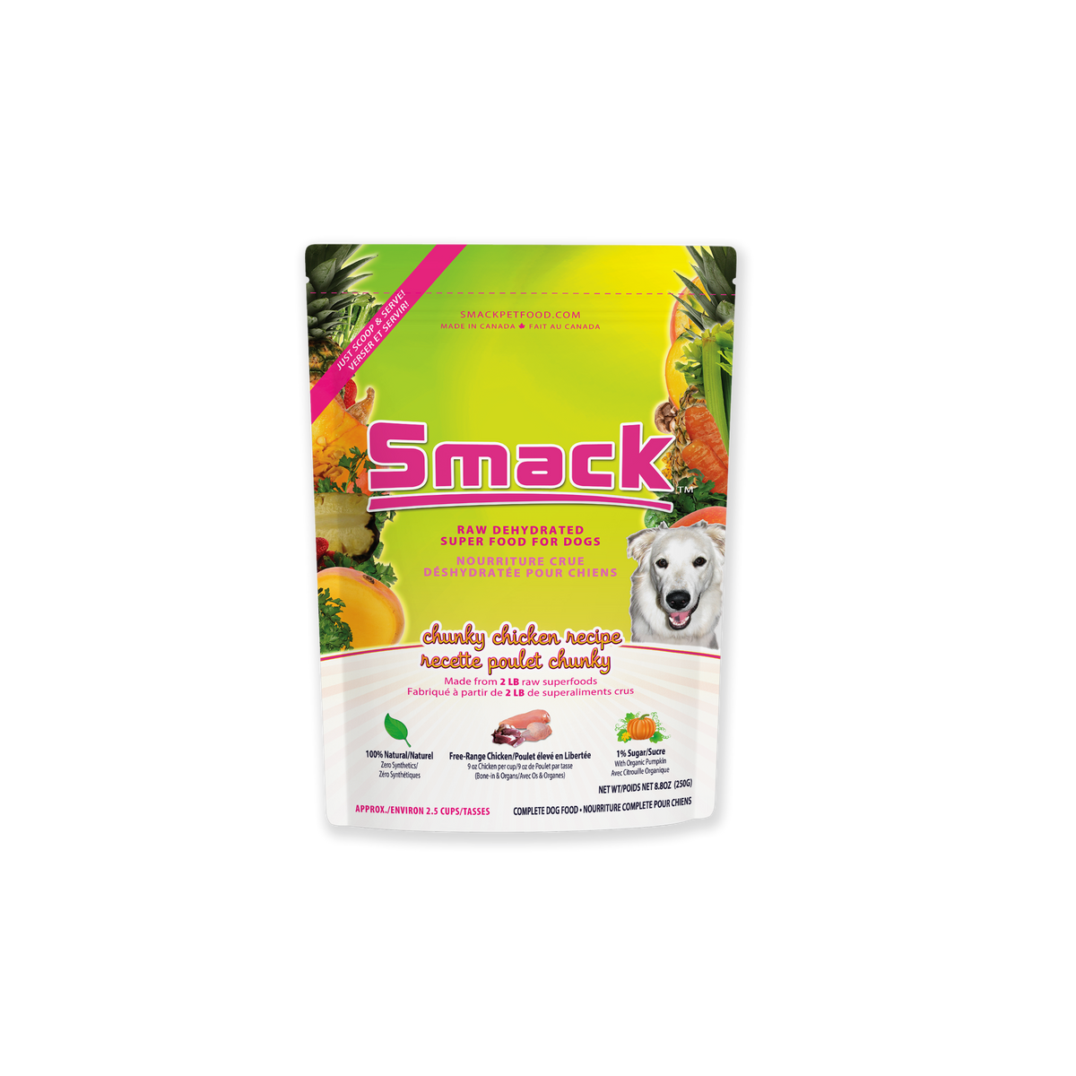 Smack dog food package with a colorful label featuring a dog and fruits on a white background