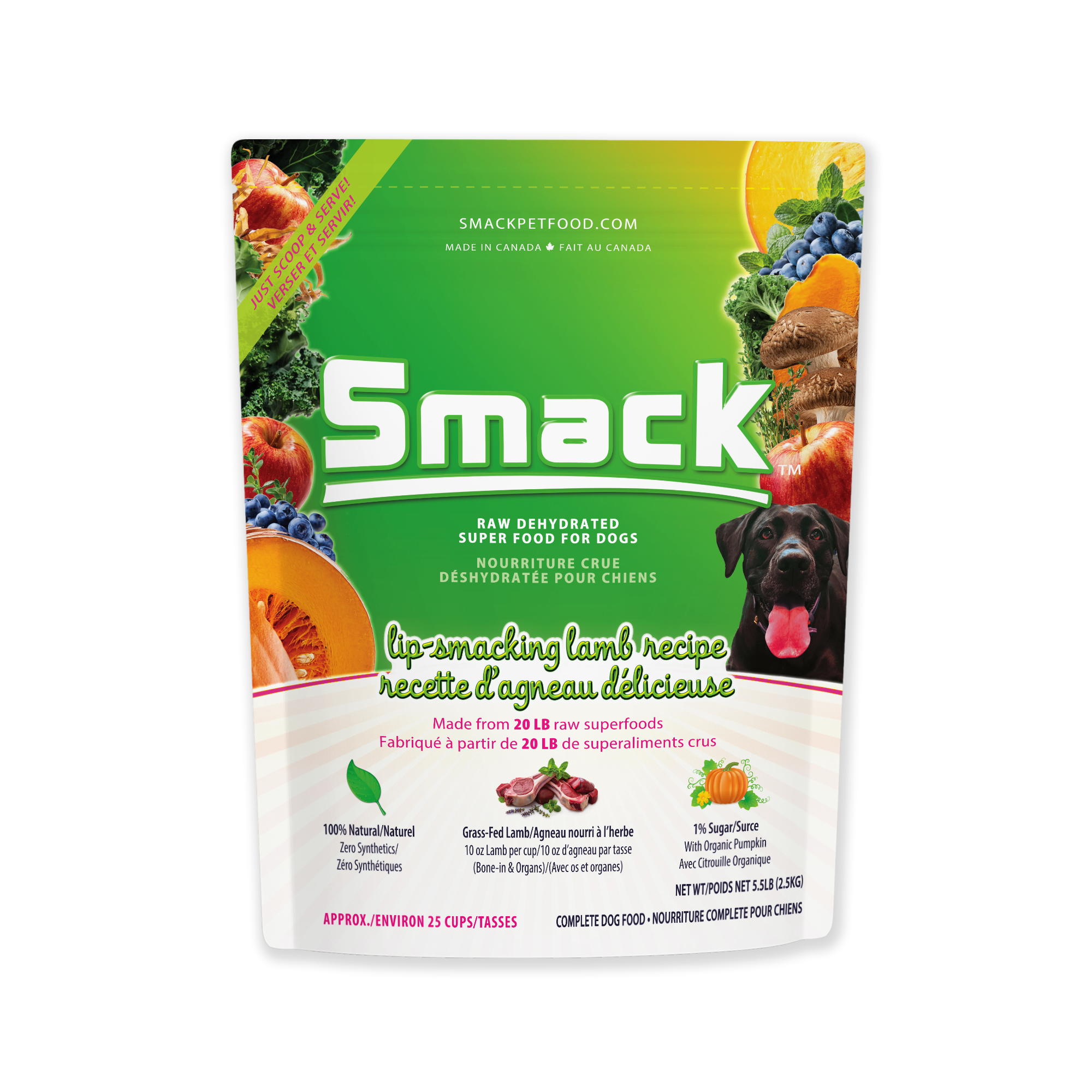Lip-Smacking Lamb raw dehydrated dog food 2.5kg bag front view