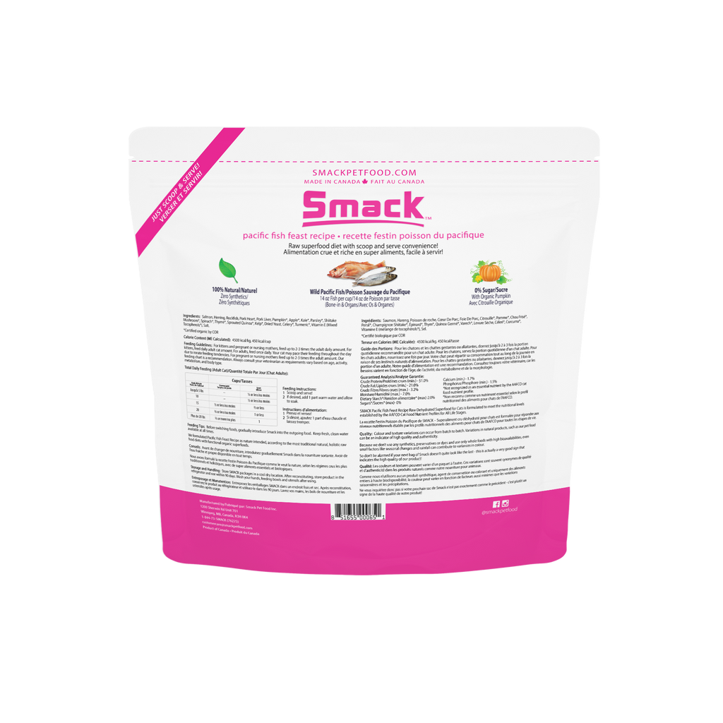 Pacific Fish Feast raw dehydrated cat food 1.5kg bag back view with feeding instructions