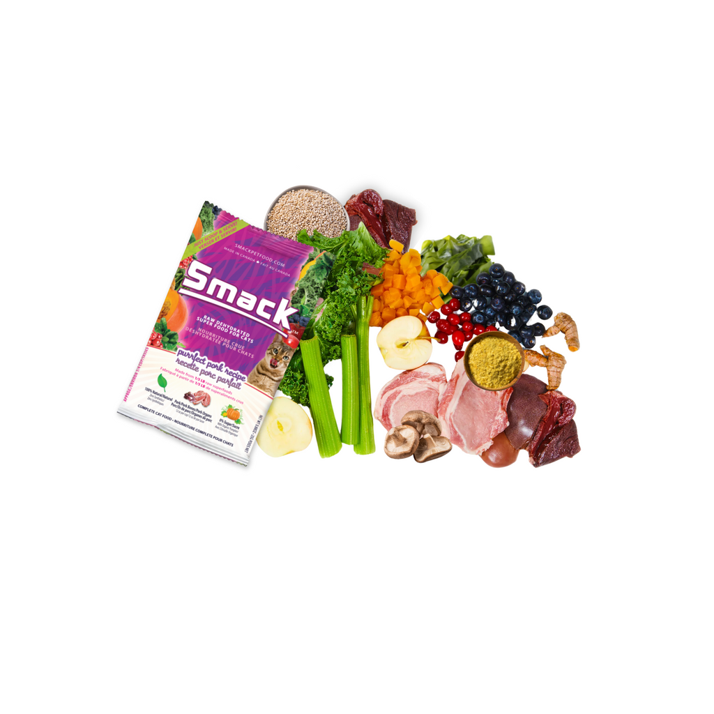 Smack pet food package with a variety of pet treats and ingredients on a white background