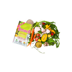 Smack dog food package with fresh ingredients on a white background