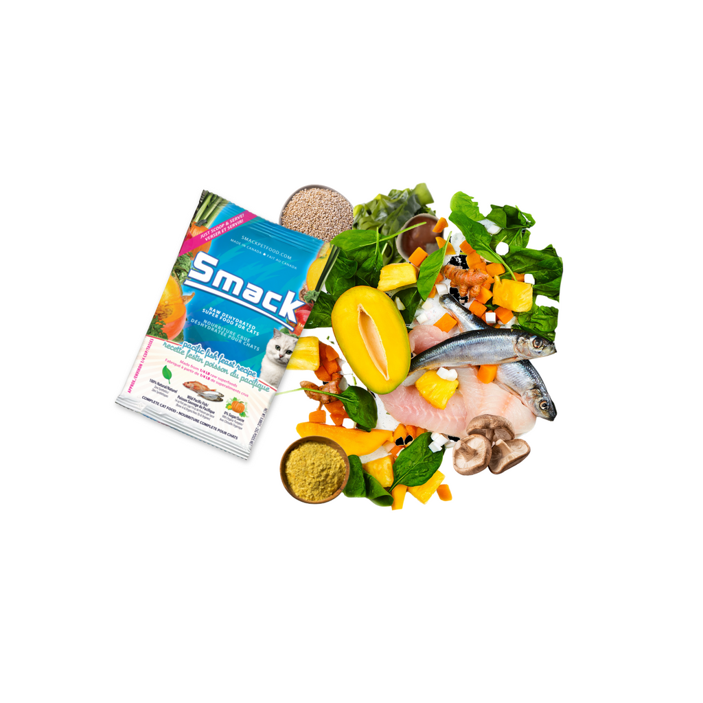 Smack pet food packaging with ingredients on a white background