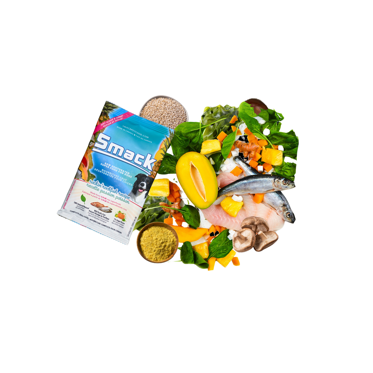 Smack pet food package with ingredients on a white background