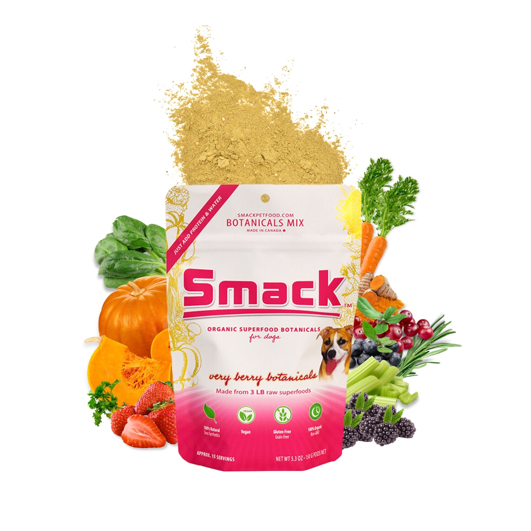 Smack Very Berry Botanicals raw dehydrated dog food bag back view Main image