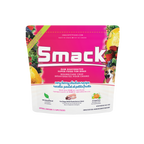 Smack dog food package with pink label and fruit illustrations on a white background