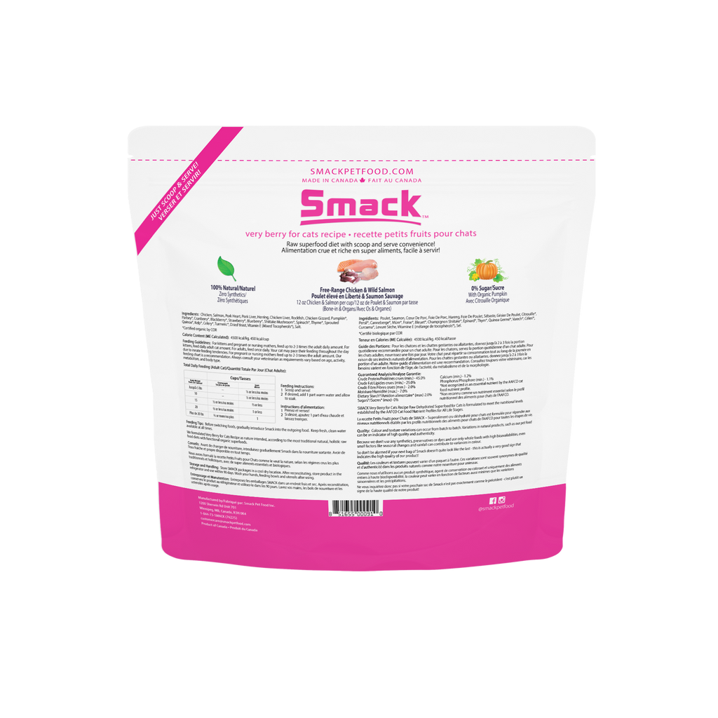 Very Berry for Cats raw dehydrated cat food 1.5kg bag back view with feeding instructions