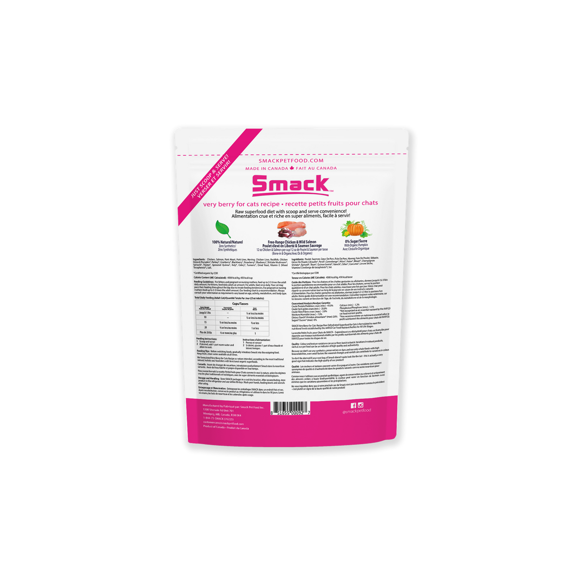 Smack pet food packaging with text and images on a white background