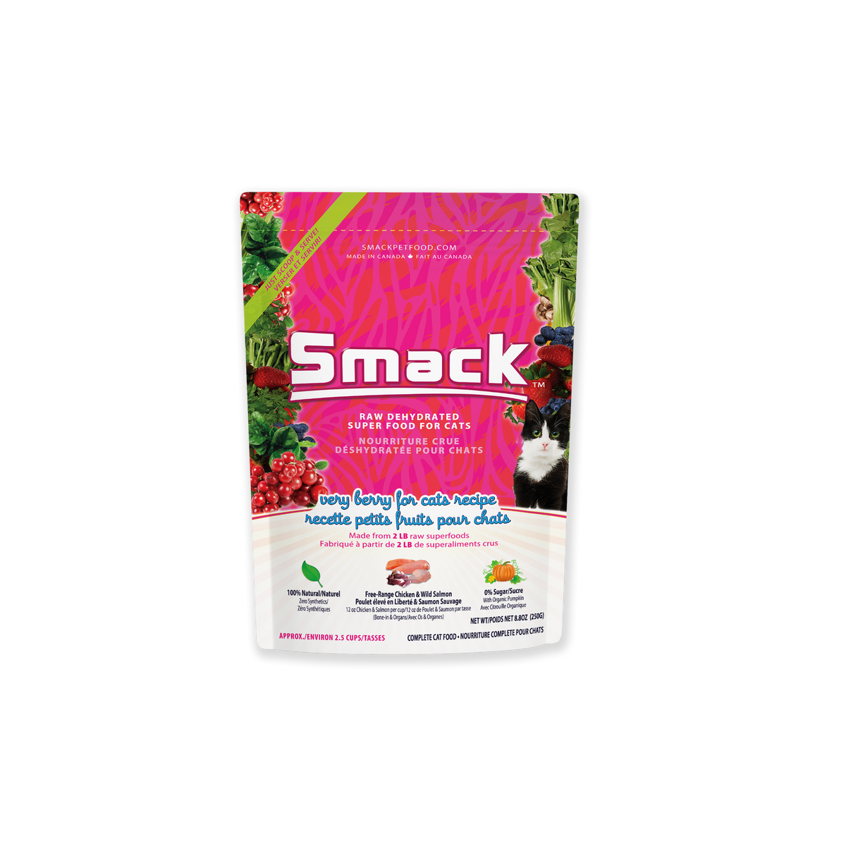 Smack raw dehydrated pet food package for cats on a white background